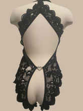 Load image into Gallery viewer, Black Lace Crotchless Teddy With Bow Ties and Rhinestones