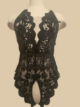 Load image into Gallery viewer, Black Lace Crotchless Teddy With Bow Ties and Rhinestones