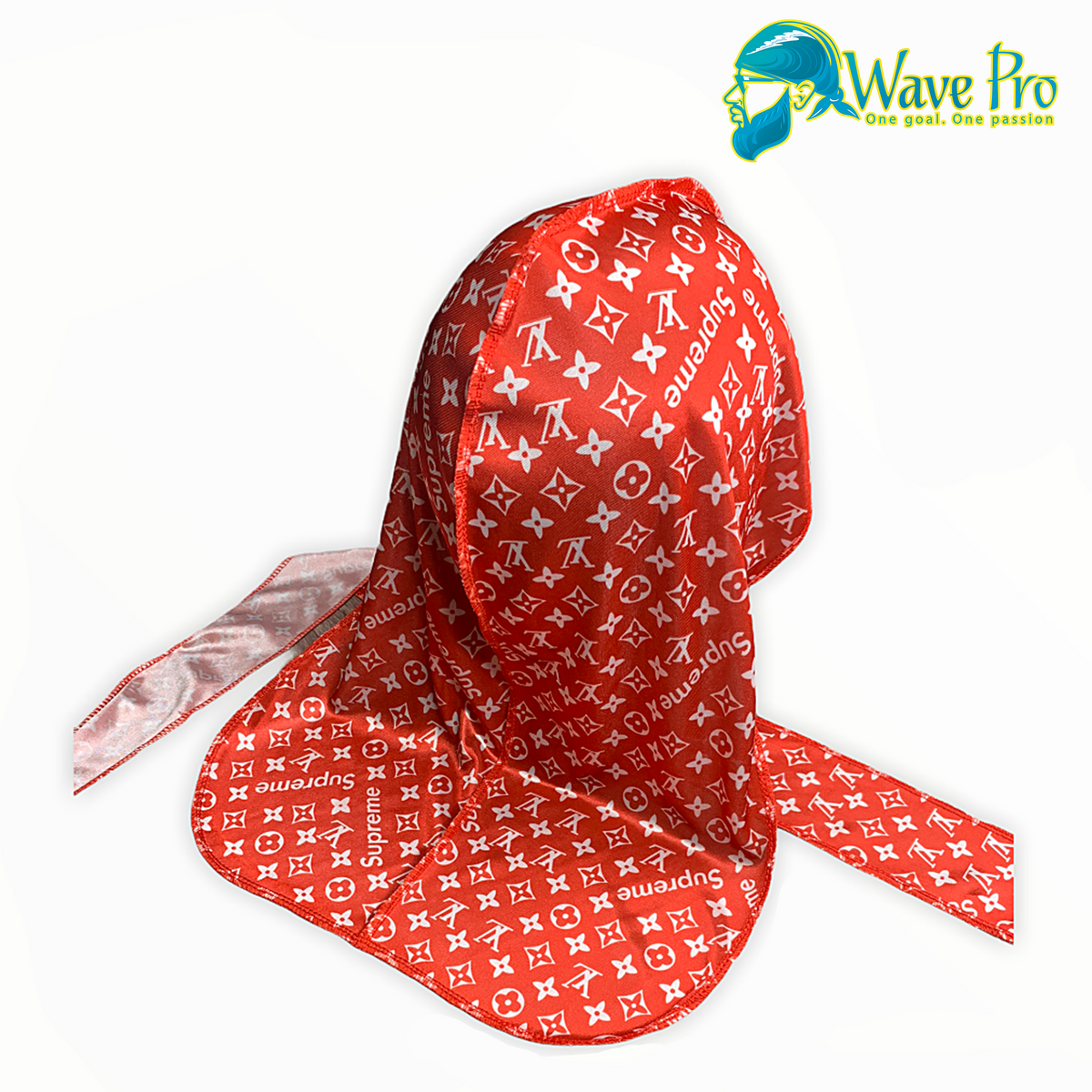 DESIGNER RED AND WHITE SUPREME LV BONNET – THE RAG LADY